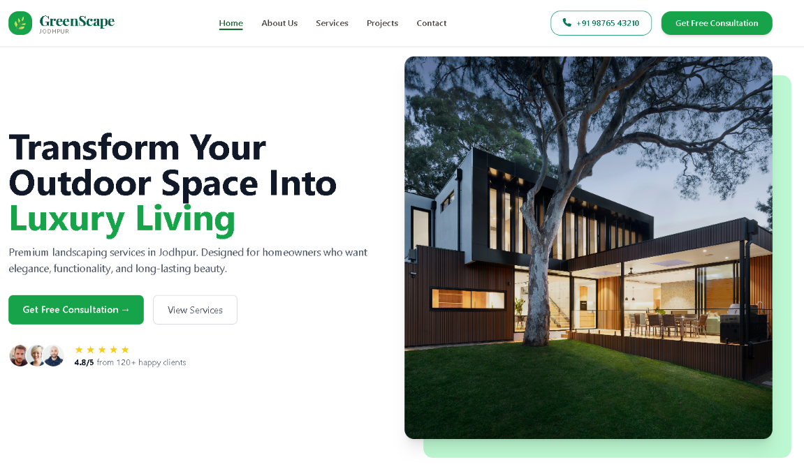 Landscape website template preview for outdoor and garden service businesses